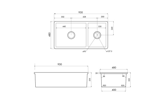 Cuisine 93 x 48 One and a Half Bowl Inset / Undermount Fine Fireclay Gloss White Sink